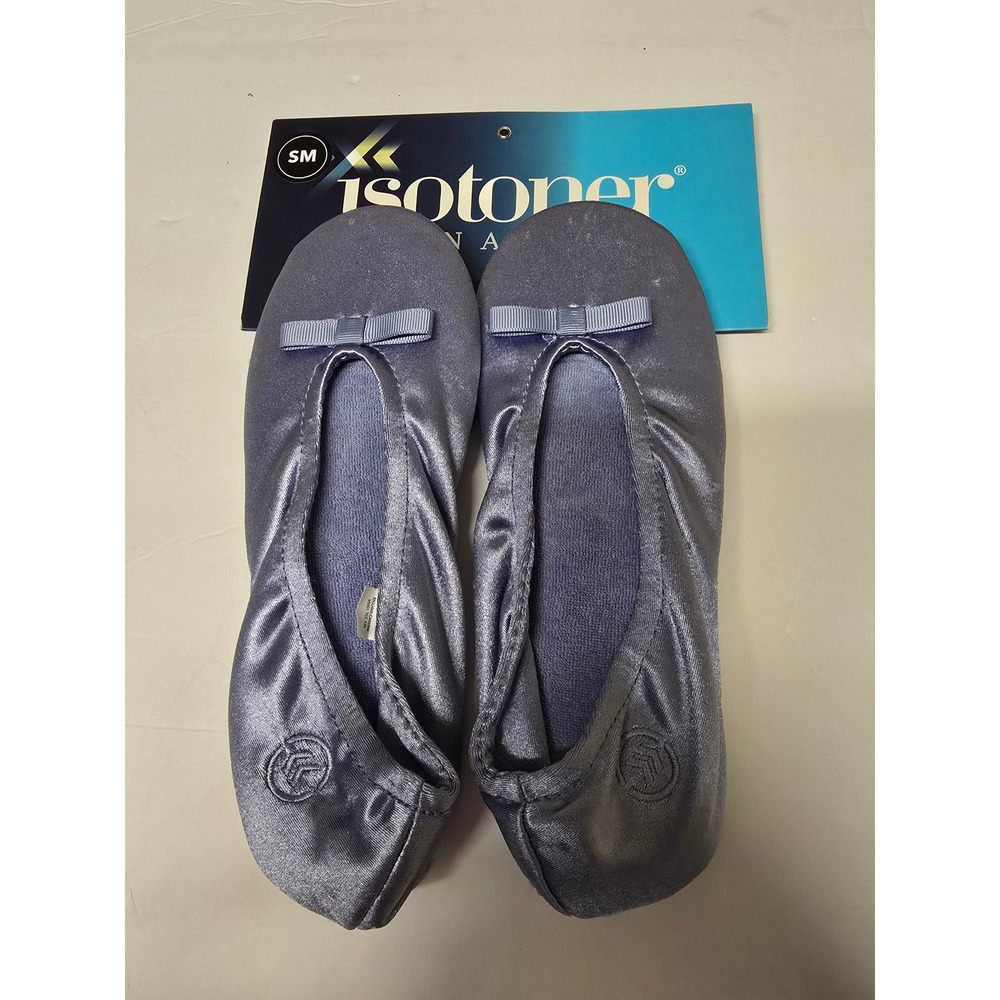 Isotoner Signature Satin Ballerina Slippers Silver Blue Bow Small 5-6 NWT